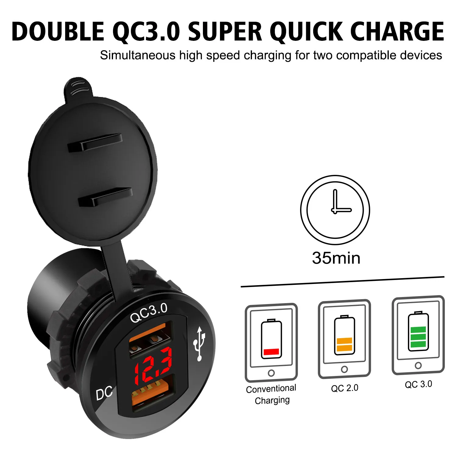 HIPERDEAL Car fast charging with voltmeter black red letter 12v-24v quick QC 3.0 dual USB charger | Электроника