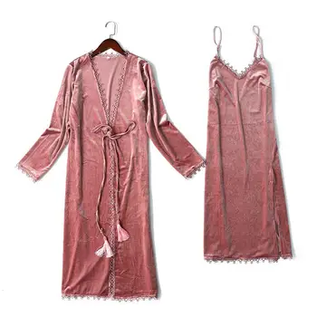 

Velvour Women Home Clothes 2PCS Twinset Robe Set Lace Kimono Bathrobe Gown Nightwear Strap Sleepwear With Belt Nightgown