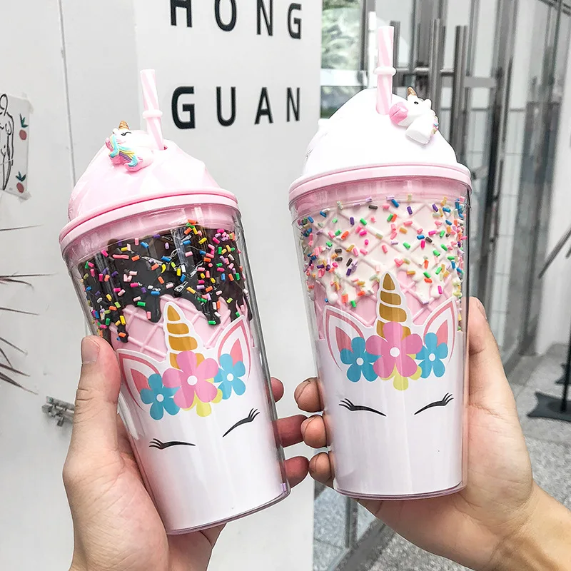 

Creative Unicorn Mugs Plastic Double Layer Water Bottle With Straw Cute Cartoon Shape Portable Mug Home Drinkware 580ML