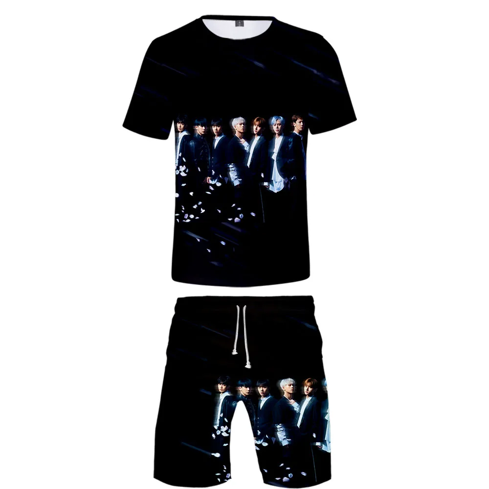 MONSTA X-Printed 3D женский/мужской комплект из двух предметов, модный летний топ+ шорты,, kpop уличная одежда