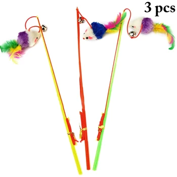 

3PCS Simulation Mouse Teaser Wand Interactive Cat Feather Teaser Toy Cat Teaser Wand Training Toys Cat Funny Favor Toy