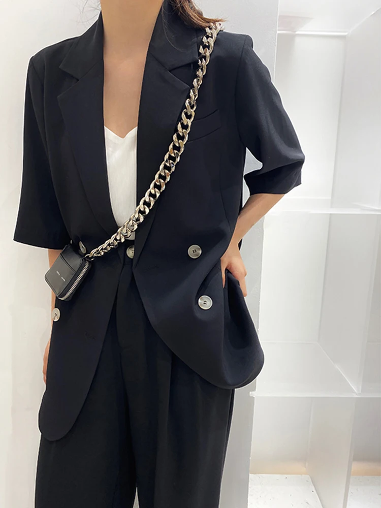 QOERLIN 2021 Women Summer Vintage Double Breasted Solid Blazers And Jackets Fashion Turn-down Collar Slim Female Blazer Coat