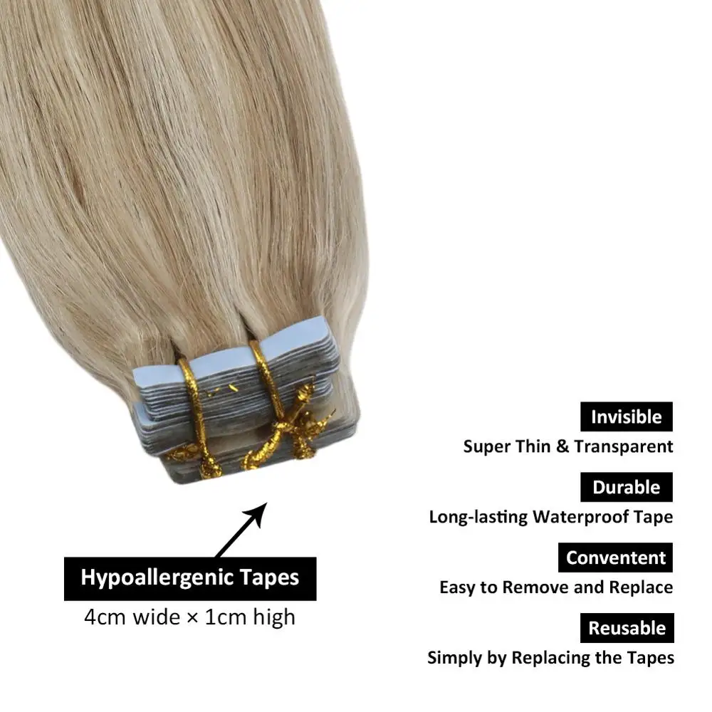 Ugeat Tape in Human Hair Extensions 12-24inch Silky Straight Natural Smooth Machine Remy Double Sided Tape Highlight Color