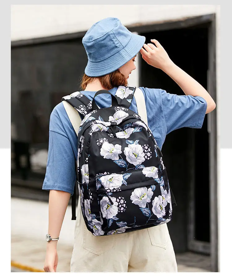 Nylon School Backpacks for Women Bags Ladies Backpack Fashion Designer Female Laptop Backpack Flower Print Teen Girls Book Bags