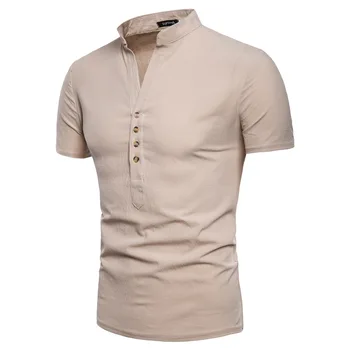 

2020 Summer New Style Men's Summer Wear Cotton Linen Pullover Short-sleeved Shirt Teenager Solid Color Casual Stand Collar Shirt