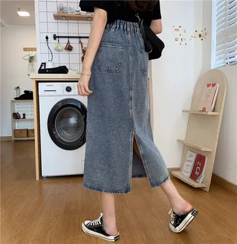 

2020 New Spring Summer Denim Sheath Wrap Skirts Korean Vintage High Waist Pencil Midi Skirt Back Split Skirts Womens Fashion