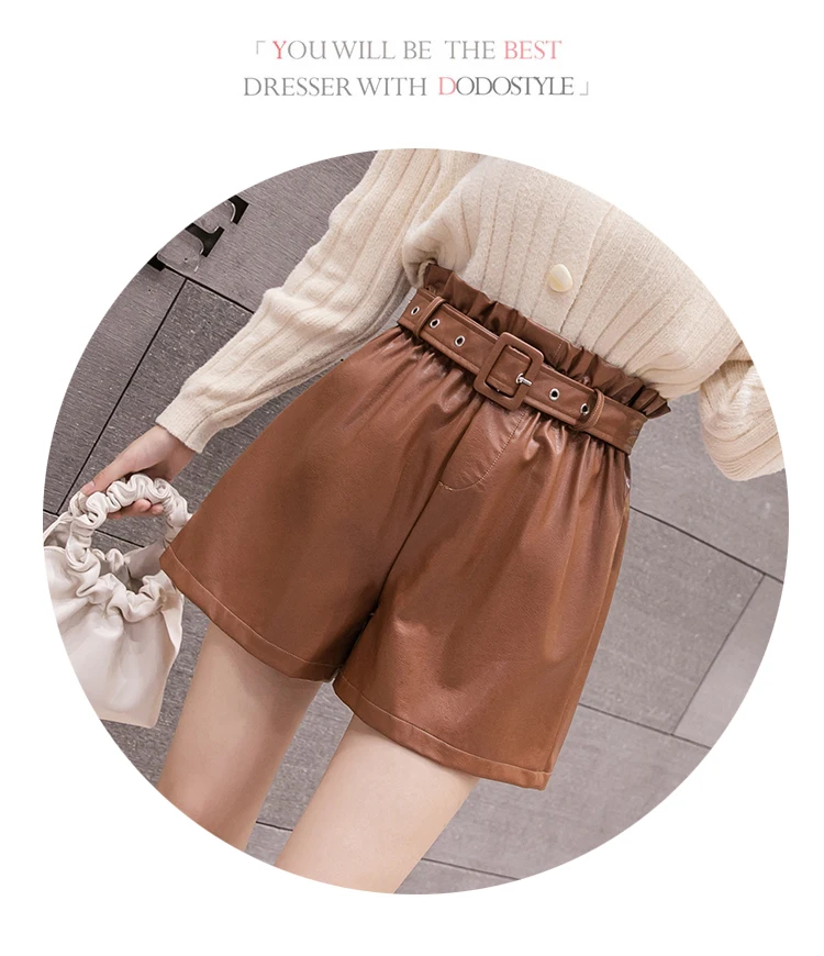 PU Leather Wide-legged Shorts With Slashes Women Empire PU Shorts Girls A-line Faux Leather Shorts Bottoms BH6191