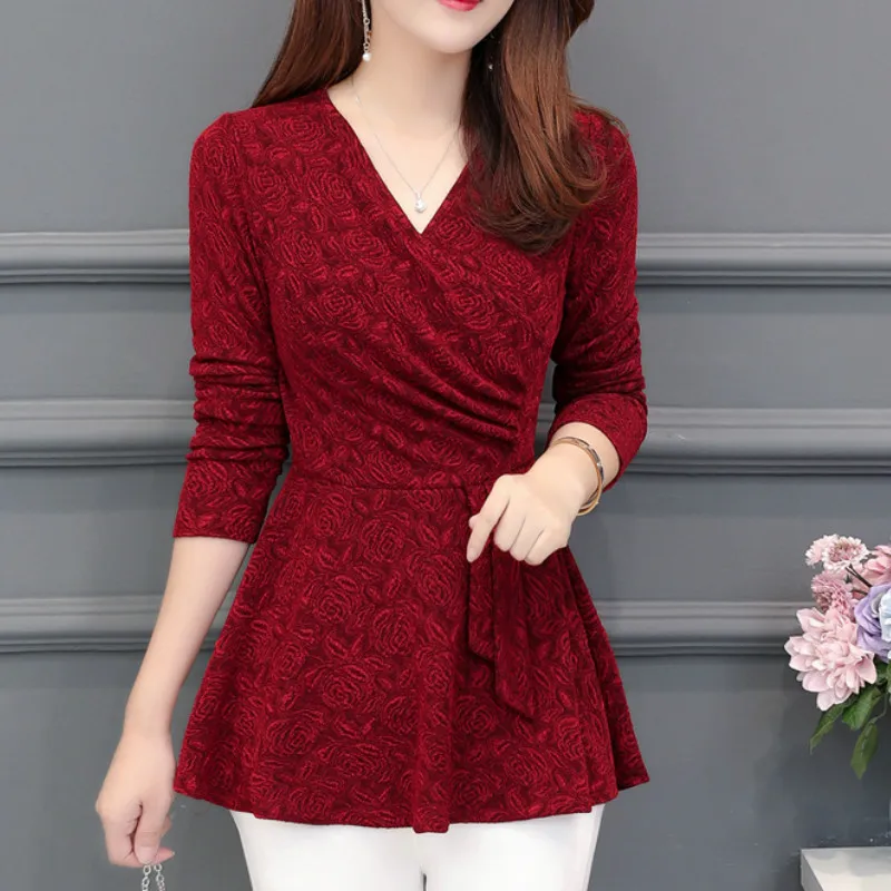 

Casual Winter New Plushed and Thickened Bottom Women top Blouse Full Sleeve lace Blouse Large V-neck Purple tops Blouses Shirt