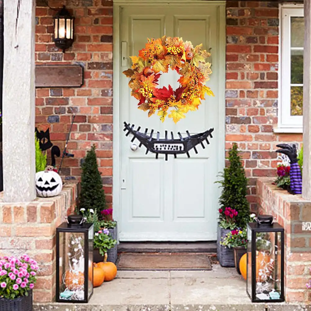 Осеннее украшение для двери на Хэллоуин 60 см из ротанга, ягод, кленовый лист, осенняя дверь, венок, дверь, украшение стены, венок