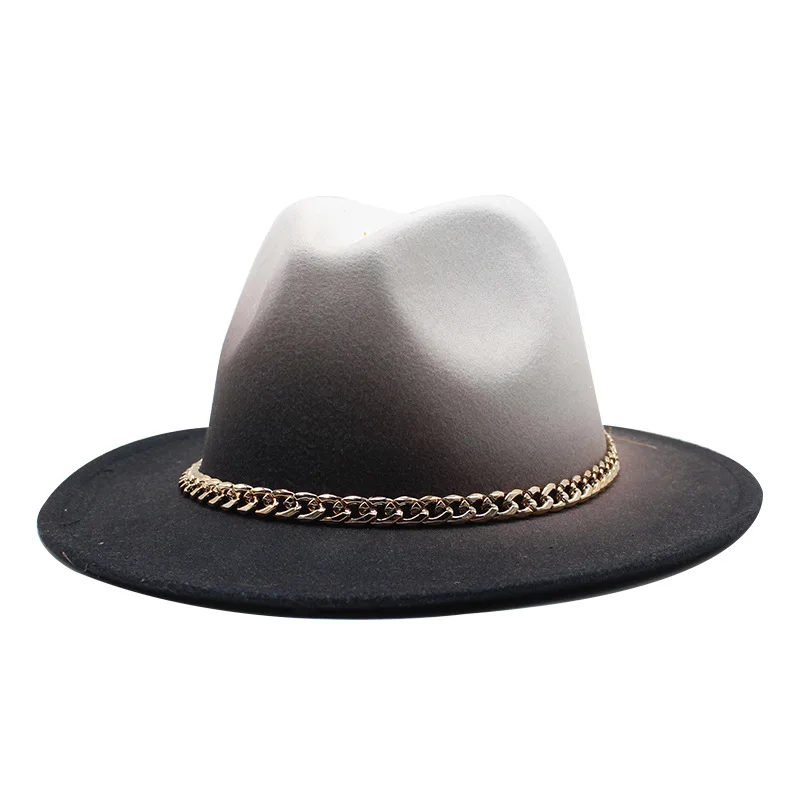 beige fedora hat Fedora hat gradient color European and American gold chain top hat woolen top hat men and women trend felt hat jazz hat 2021 straw fedora