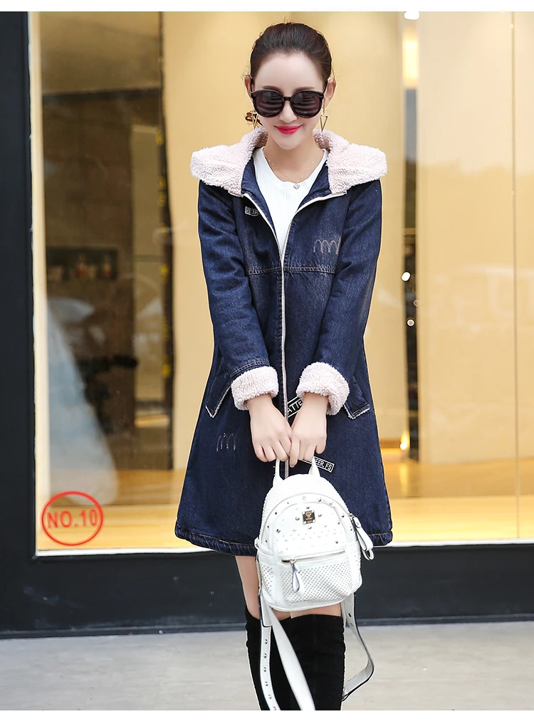 1619# Thick Cowboy Women's plus Velvet Lambs Wool Jeans Coat Mid-length Berber Fleece Cotton-padded Clothes Hooded
