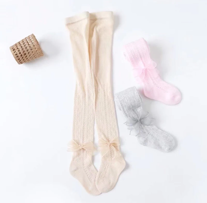 Summer Thin Baby Girls 0-1/1-3/3-5 Years Fishnet Cotton Hollow Tights with Tulle Bow White Pink Color Breathable Panty Hose Kids