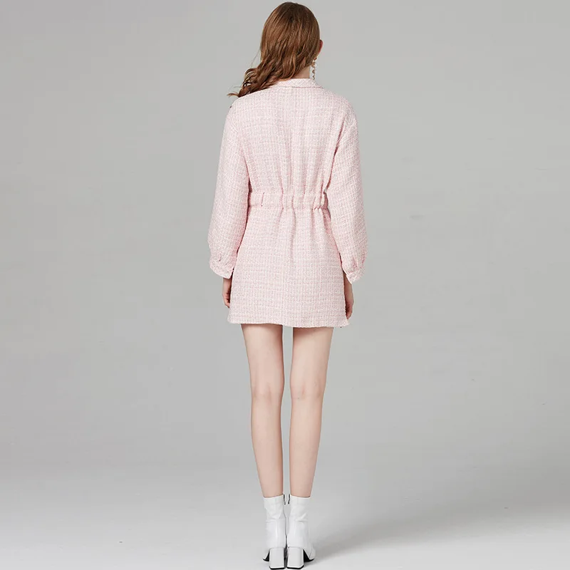 

Women Autumn Runway Tweed Shirt Pink Elegant Italy Designer Party Twill Loose Mini Dress Belted Female High Street Dresses