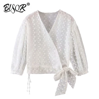 

Vintage Chic embroidery Wrap crop Tops Women Blouses Fashion V Neck Bow Tie Ladies white Shirts Casual Blusas Mujer