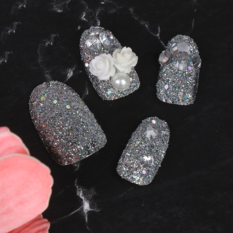 24pcs Shining Rhinestone Wedding False Nails Transparent Glitter Gems Flower Long Artificial Nail Full Tips False Nail