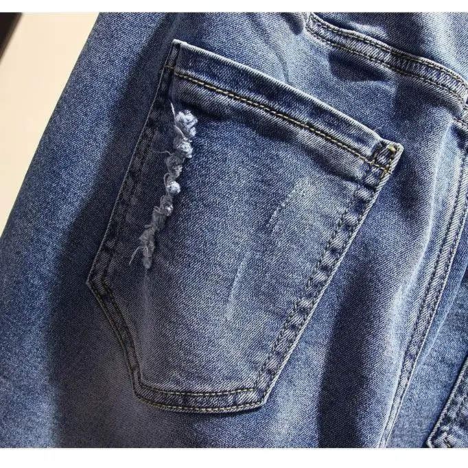Plus Size Woman Flower Embroidered Jeans Lace Up Jeans Elastic Denim Trousers Cuffs Loose Ankle-Length Hole Harem Pants