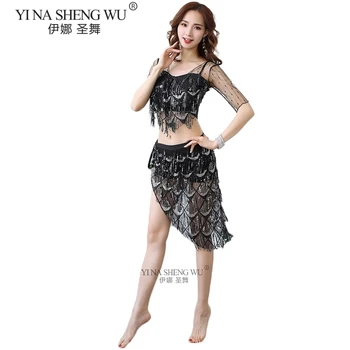 

New Sexy Women Belly Dance Set Sequin Belly Dance Practice Costumes Transparent Mesh Long/Half Sleeve Top Tassel Hip Scarf Skirt