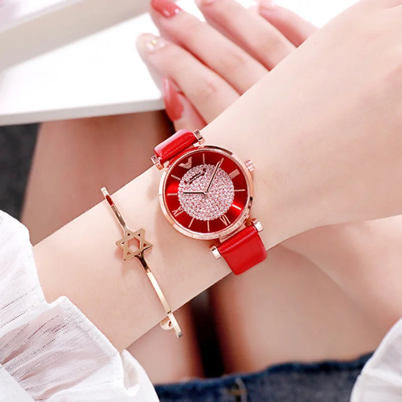 Роскошные женские часы для женщин, модные синие сетчатые магнитные часы, женские кварцевые наручные часы с бриллиантами, водонепроницаемые часы для женщин - Цвет: leather red