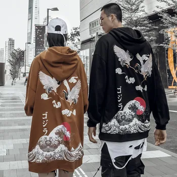 

Japanese Street Crane Embroidery Hoodies Hip-hop Style Hoodie Lovers Loose Men Women Male Casual Hooded Sweatshirts Streetwear
