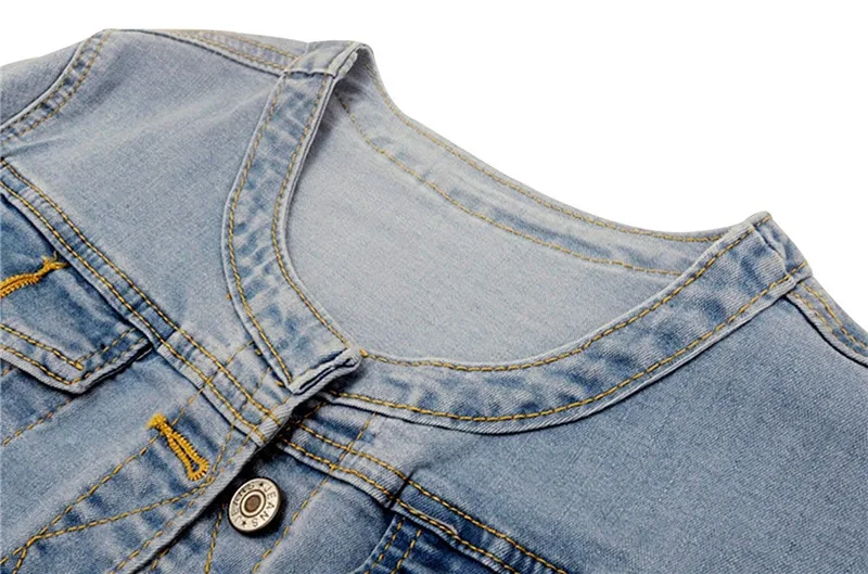 Promo  Denim Jackets Trendy XU Washed Three Quarter Sleeve Stretch Collarless Short Jeans Coat