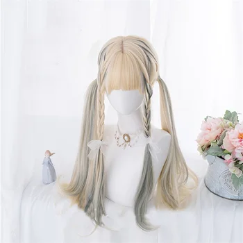 

CosplayMix 67CM Blonde Mixed Ash Blue Ombre Long Wavy Bangs Cute Halloween Party Synthetic Hair Women Cosplay Wig+Cap