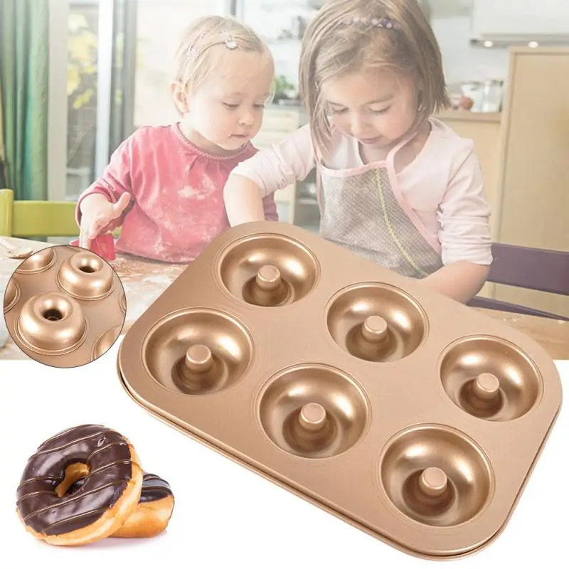 Non-Stick Carbon Steel 6-Cavity Donut Maker Mold Pan Baking Tray in Copper 