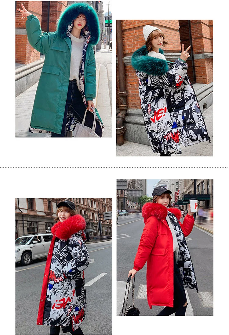 Новинка зимы Корейская версия Двусторонняя носить длинные свободные хлопчатобумажная одежда Для женщин длинный Модный меховой воротник, Плотная хлопковая куртка с подкладкой