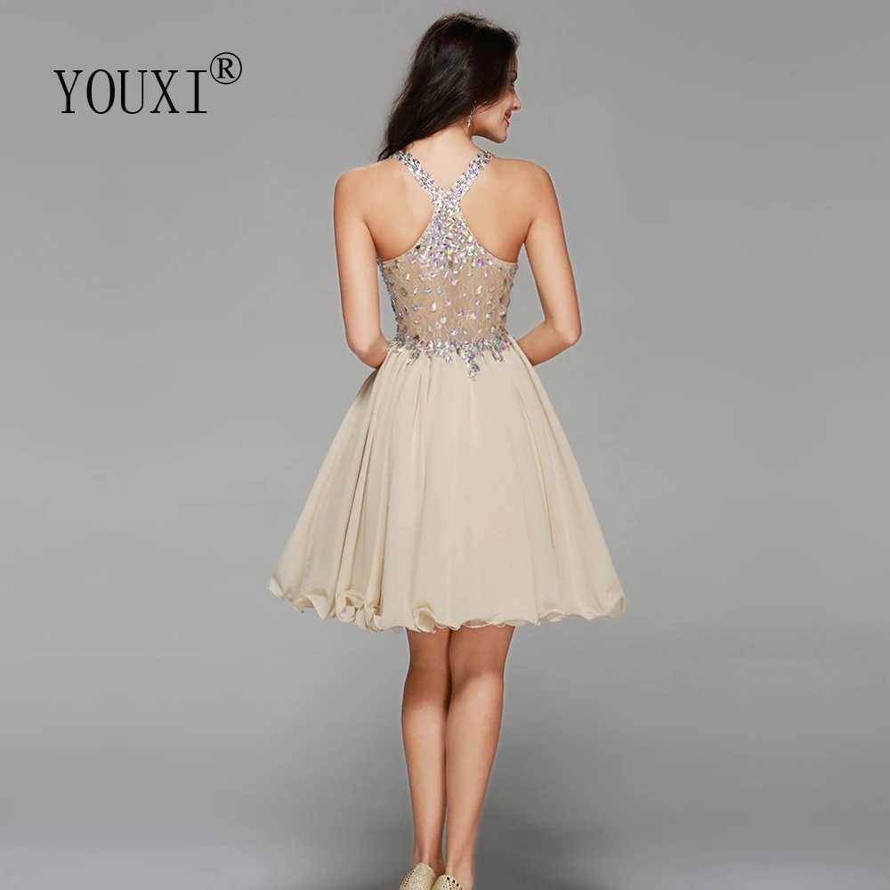 Sexy Champagne Chiffon Lace Crystal Cocktail Dresses Short Prom Dresses for Homecoming Graduation