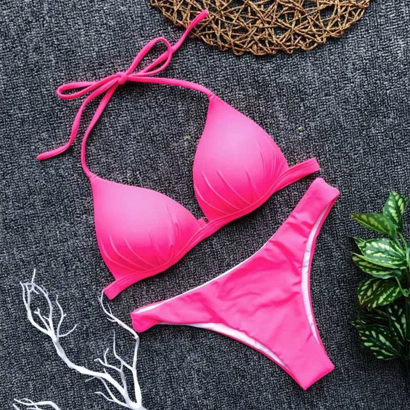 

Solid Sexy Bikini Set Swimwear Women Swimsuit Push Up Biquini Halter Feminino String Bikinis 2020 Bathing Suit Female Beachwear