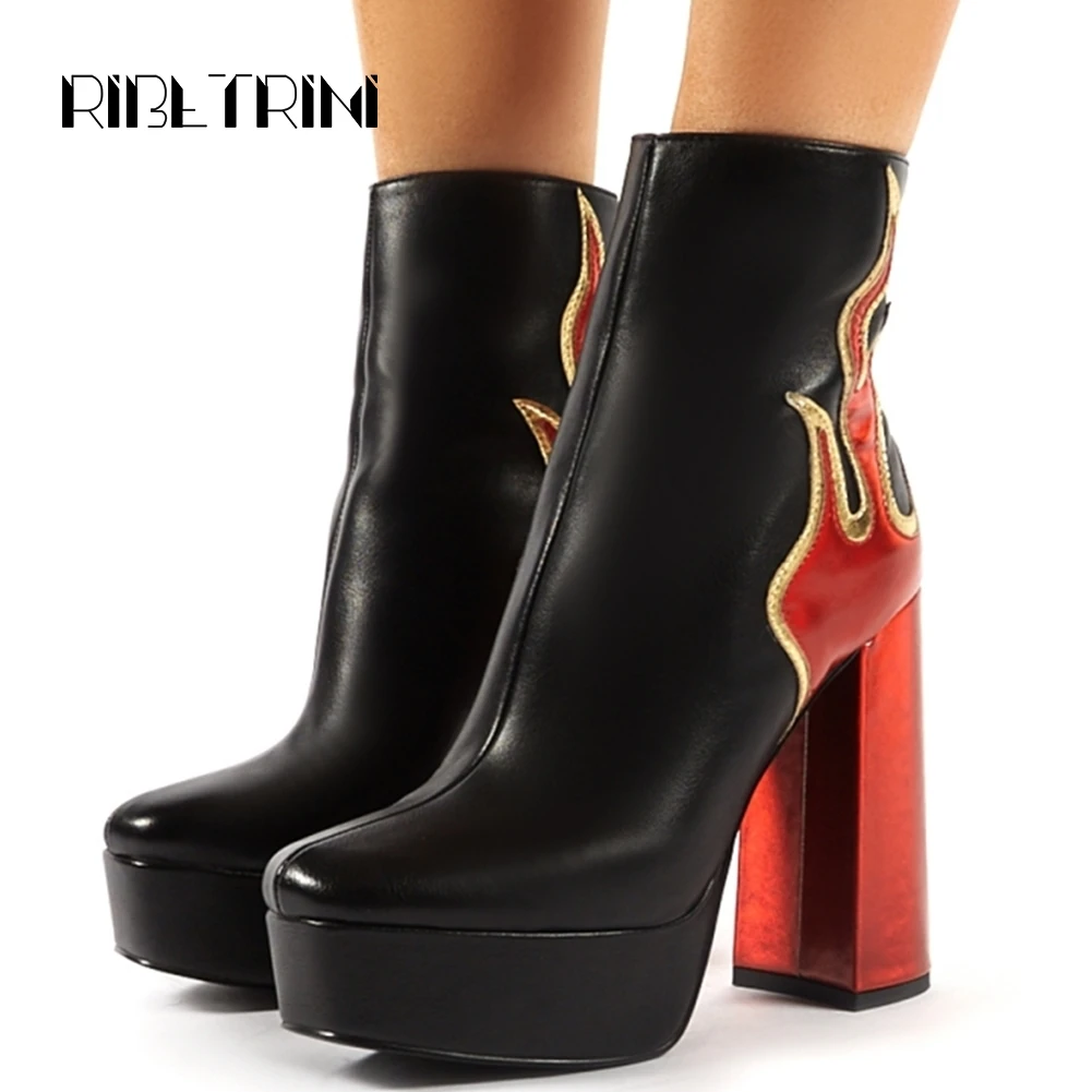 

RIBETRINI Western Platform Ankle Boots For Women Sexy Trunky 13 Cm High Heeled Boots Patent Faux Leather Shoes Woman Size 36-41
