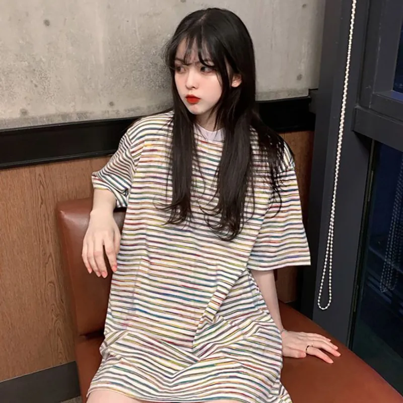 

Oversized Striped Rainbow Dress tshirt Female Casual Summer Dress Loose O-neck Short Sleeve Long Shirt Letter Print Robe