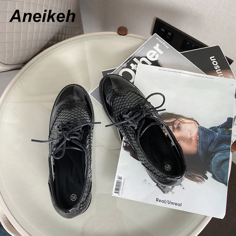 Aneikeh/ Для женщин Туфли без каблуков Туфли-оксфорды; Женская обувь в стиле ретро из искусственной кожи круглый носок полуботинки из лакированной кожи женские Туфли на шнуровке с плоской подошвой, ручная работа