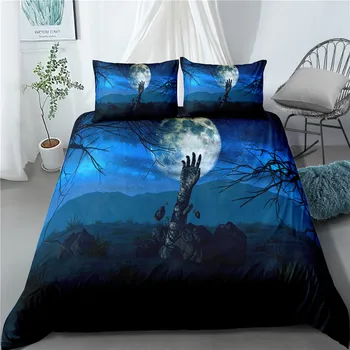 

3D Zombie Bedding Set Horrible Halloween Night Duvet Cover Set Cartoon Moon Printed Home Bedding Dark Blue Bedclothes 3Pcs