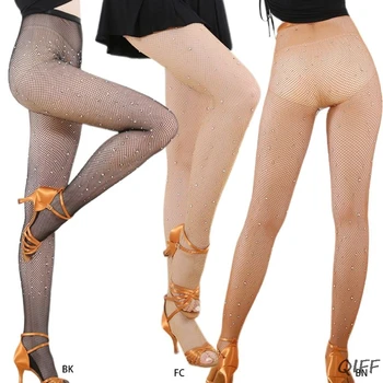 

Womens Sexy Fishnet Stockings Glitter Rhinestone High Waist Mesh Latin Pantyhose
