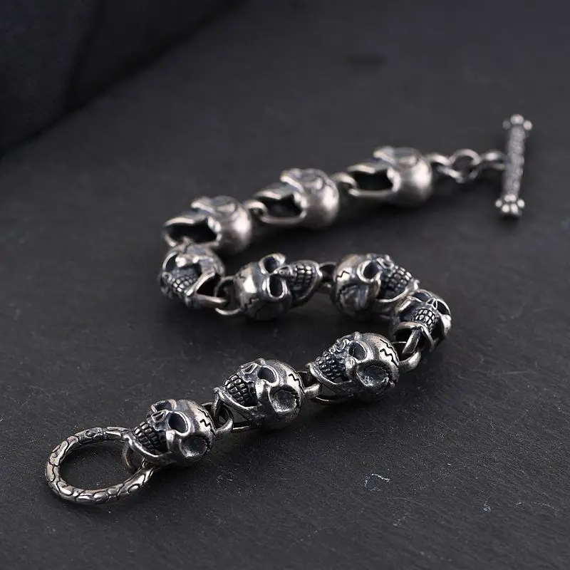 

1.1CM 925 Sterling Silver Punk Skull Head Hip hop Bracelet Men Jewelry Tibetan silver Skeleton Skull Charm OT Clasp Bracelets