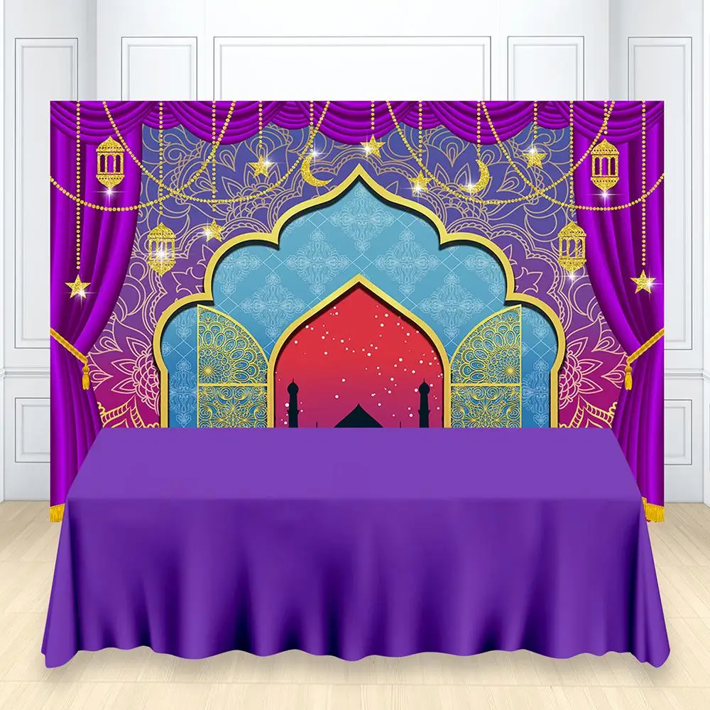 

Birthday Party Child Photography Backdrops Magical Carpet Aladdins Lamp Purple Background for Photo Shoots W-3338