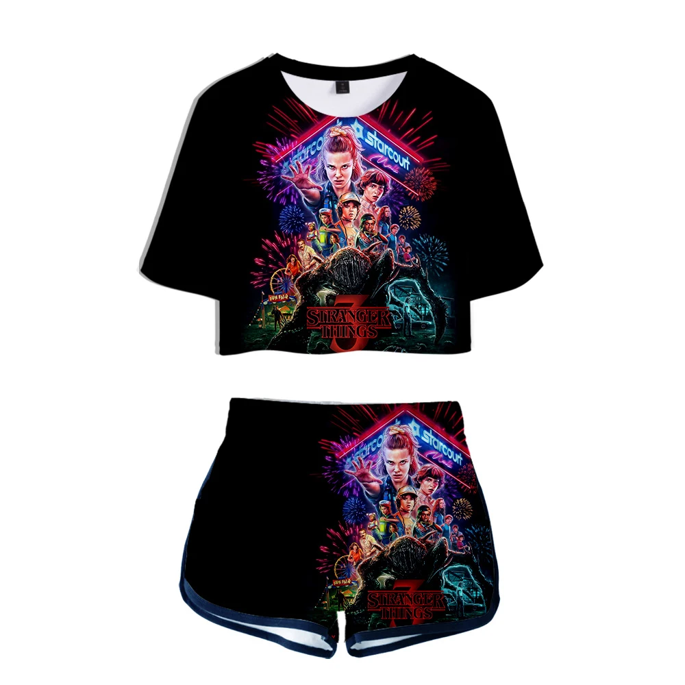 

Creative TV series Stranger Things Season 3 beautiful Two Piece Set Women Sexy Shorts+lovely T-shirt Leisure Sport Girl suits