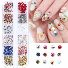 

12 grids/sets 3D nail art decorations mixed sizes luminous glass nails rhinestones shiny charm manicure accessories 12 grid-NS01