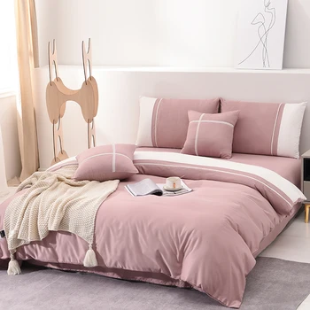 

2021 new hot Bedding set Polyester Solid 4pcs Sheets Duvet cover Pillowcase Linens double bed Queen size bed Sheets set Bedcove