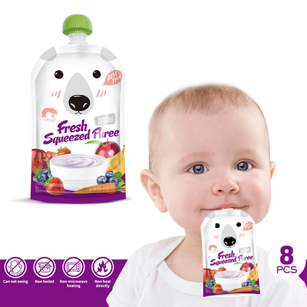 Baby Food Container 8pcs/pack BPA Free 200ml Reusable Breast Milk Storage Bag Baby Food Box Pouch Snacks Feeding Squeeze