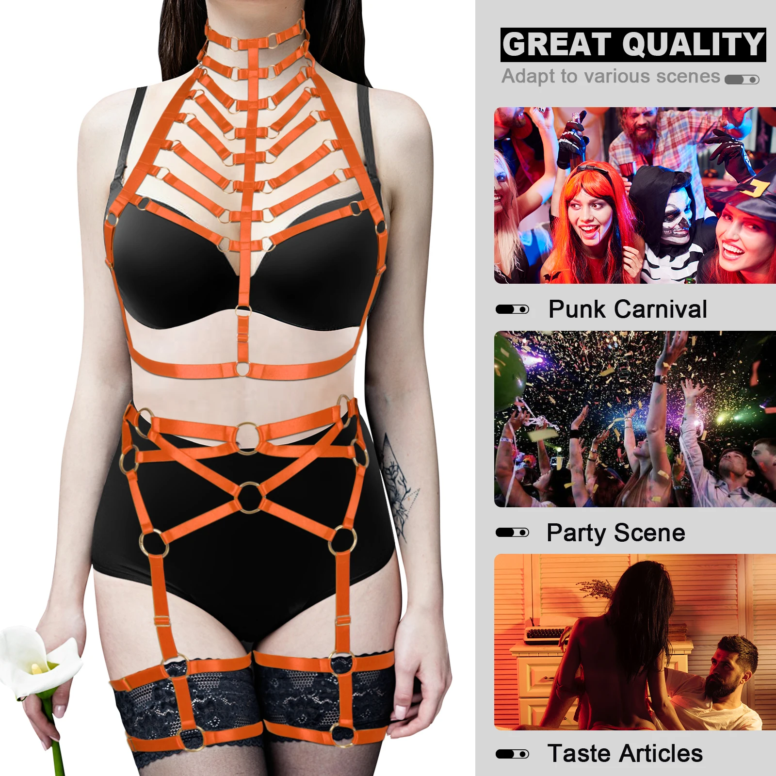 

Women Harness Tie Neck Bondage Tops Fetish Sexy Erotic Lingerie Leg Bondage Strappy Garter Belt 2-Piece Set Halloween Carnival