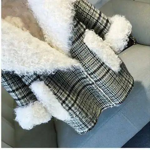 Woman Plaid Woolen Coat Fleece Warm Lamb Blazer Jacket