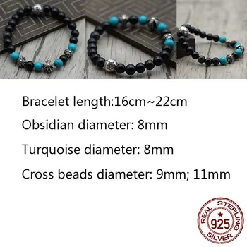 

C69 S925 Sterling Silver Bracelet Retro Personality Punk Hip-Hop Style Obsidian Cross Alphabet Couple Beads 2020 new hot