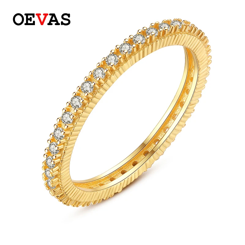 

OEVAS 100% 925 Sterling Silver Rings For Women Gold Color Sparking 1 Row Full Zircon Engagement Party Jewelry Anniversary Gift