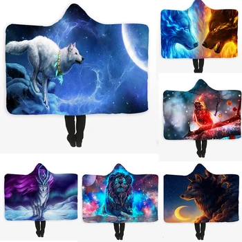 

Winter Blanket Hoodie Soft Weighted Blanket Animal Printing Adult Warm Fleece Wearable Hooded Flannel Fluffy Robe Blankets