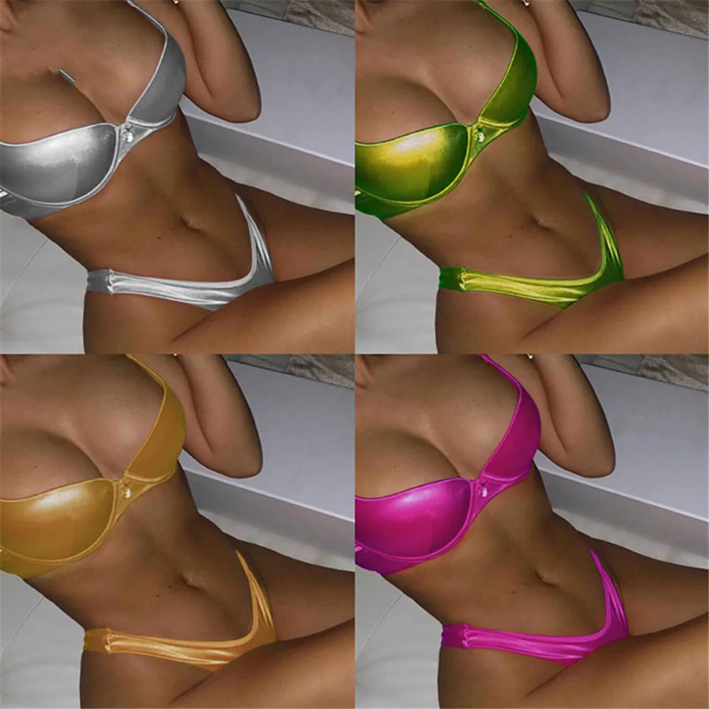 

Sexy Reflective Shiny Gold Metallic Brazilian Push Up Bikini Set 2019 Lady High Cut Swimwear Women Swimsuit Female Bathing Suit