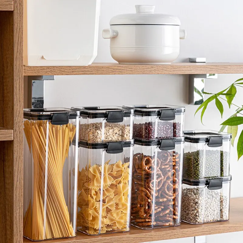

Sealed Kitchen Food Storage Containers Transparent Case Dry Tea Bean Grain Spaghetti Noodles Square Rice Container Leak Proof