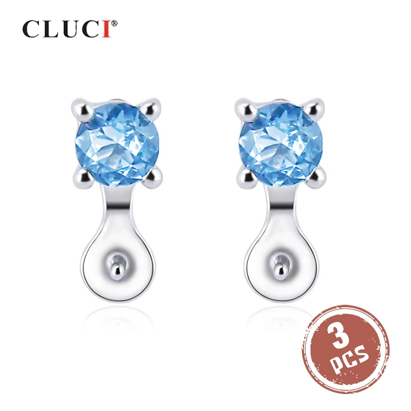 

CLUCI 3 pair 925 Sterling Silver Stud Earring for Women Wedding Classic Prong Setting Blue Zircon Pearl Earring Mounting Jewelry