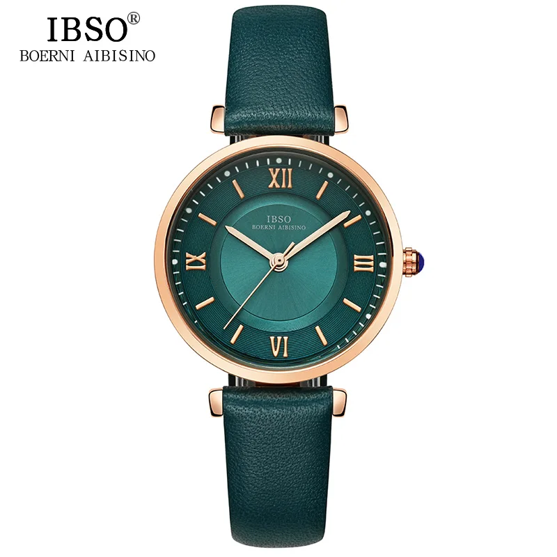 IBSO модные новые Брендовые женские часы зеленый ремешок из натуральной кожи часы для девочек Роскошные Кварцевые 3 бар водонепроницаемые женские часы для женщин