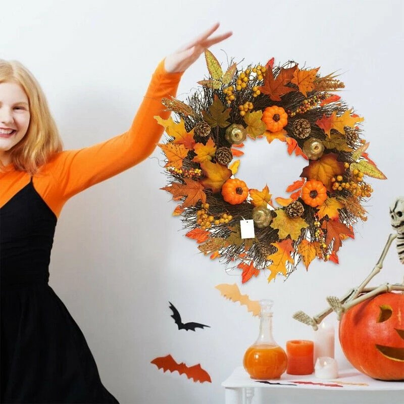 Artificial Fall Wreath Garland Pumpkin Maple Leaf Home Wall Decor Thanksgiving